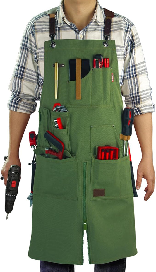Woodworking Apron, Tool Apron, Canvas, Multiple Pockets, Adjustable Zipper, Metal Ring, Tape Measure Clip, Plus Size, Olive