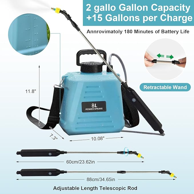 Battery Powered Sprayer 2 Gallon, Upgraded Electric Garden Sprayer with 3 Nozzles & 4 Spray Modes, Rechargeable Handle, Retractable Wand and Adjustable Shoulder Strap for Weed Killer, Lawn, Yard,White