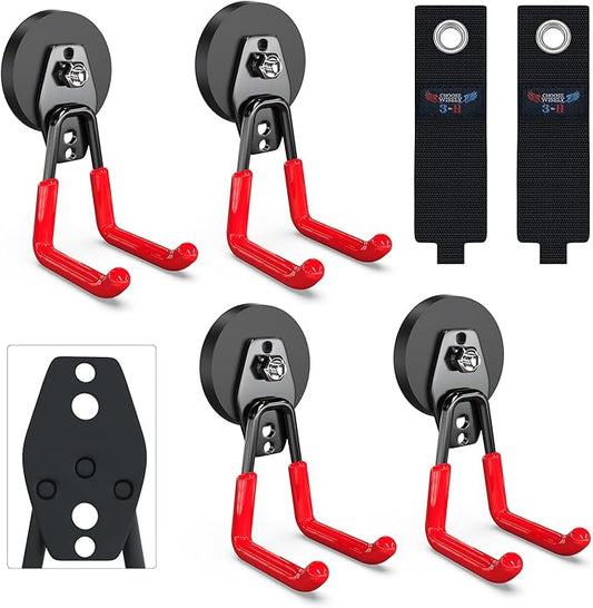 3-H Heavy Duty Magnet Garage Hooks 4 Pack, Large Strong Magnetic Hooks for Hanging Cordless Power Drill, Utility Magnetic Tool Holder for Metal Cabinet, Steel Pegboard, Toolbox, Garage(Red)