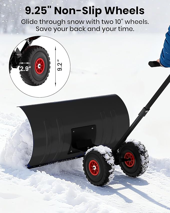36" Snow Pusher Shovel with Wheels, Adjustable Ergonomic T-Handle Snow Plow for Driveway, Heavy Duty Wheeled Rolling Shovels for Driveway and Sidewalks with Angeled Blade