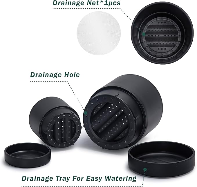Phoenix Vine 6 Inch and 8 Inch Planter Pot with Drainage Hole & Deep Water Catch Tray Saucer, Straight Cylindrical Round Pot for Plants, Matte Black, 23-A-2-Y