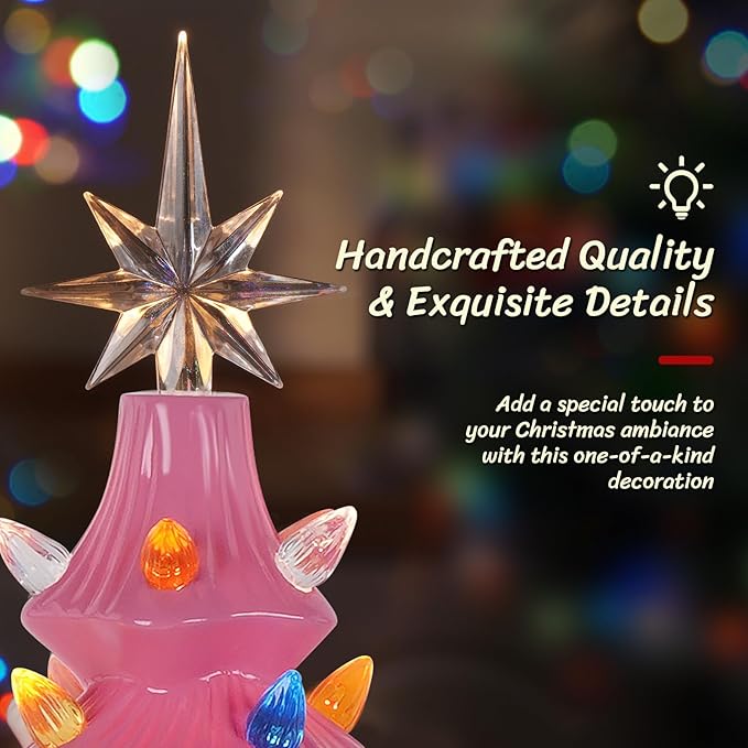 Lakumu 16.5" Table Top Christmas Tree, Hand Painted Resin Christmas Tree with Lights, Pre-lit Xmas Tree Decor Lighted Tabletop Decoration with Multicolored LED Bulbs, Ceramic-Like Finish, Pink