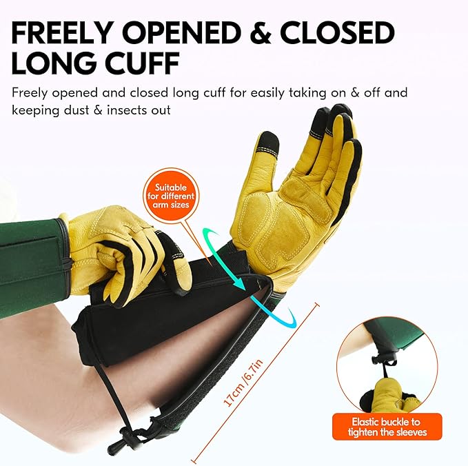 Vgo... Safety Work Gloves Men,Extra-long Cuff, Cow Grain Leather,Puncture-proof, Thornproof, Durability, Touchscreen,Gardening (1 Pair,Size XS, Golden Green, CA7472)
