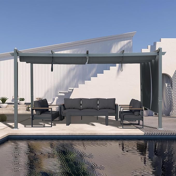 BPS 12x14 FT Outdoor Pergola - Retractable Shade Canopy with Aluminum Frame & Roller Shade Curtains for Patio, Backyard, or Deck, Gray