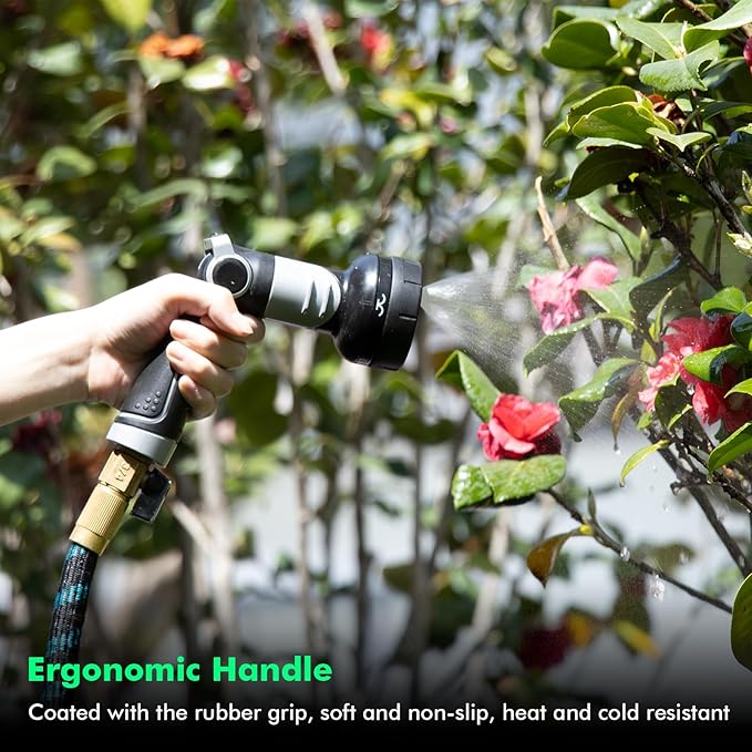 RESTMO 2-IN-1 Garden Hose Nozzle, Heavy Duty Metal Water Hose Nozzle with 4 Spray Patterns, Magic Twist and Thumb Flow Control, Ideal for Watering Plants & Lawns, Washing Cars & Pets, Black