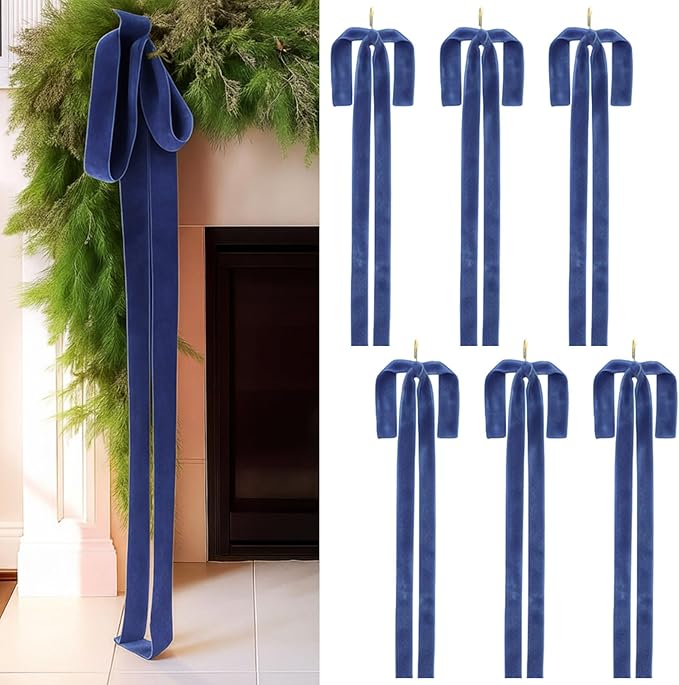 Janinka 6 Pcs Haze Blue Velvet Christmas Swag Bow 31.5 x 23.6 inch Large Vintage Christmas Ornament Rustic Velvet Staircase Wreath Bows Xmas Tree Topper Bows Large Bow for Outdoor