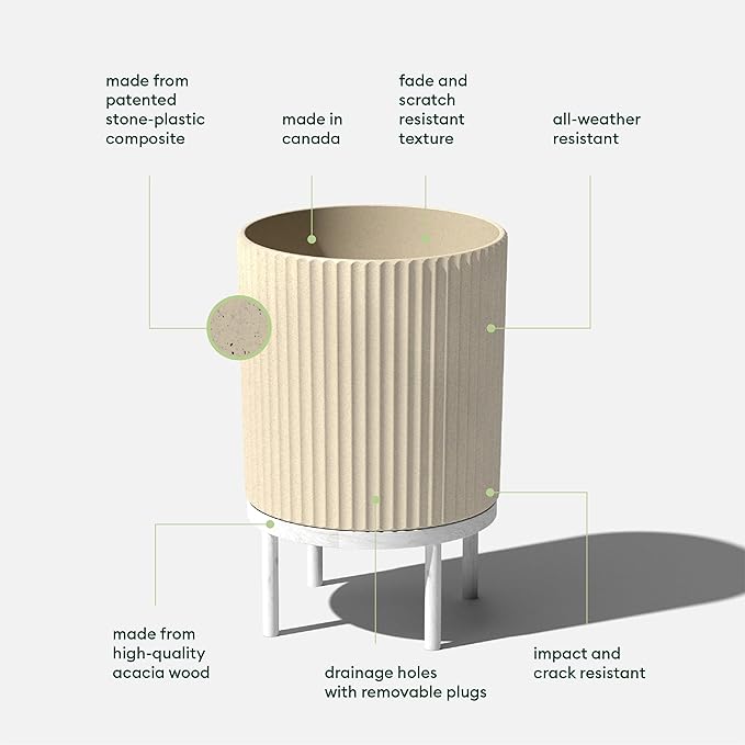 Veradek Demi Series Round Planter w/Stand for Porch/Patio | Durable Plastic-Stone Composite & Wooden Stand | Modern Décor for Tall Plants, Flowers