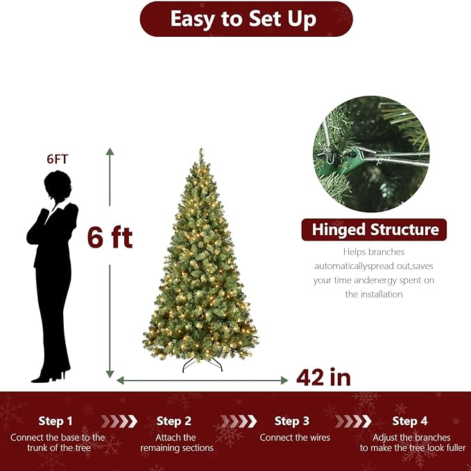 6ft Per-Lit Artificial Christmas Tree with 300 Warm White Lights, Premium Full Hinged Prelight Christmas Tree with 779 Steel Branch Tips, Green Xmas Tree for Easy Holiday Setup, Foldable Base