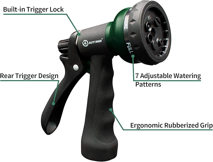 AUTOMAN-Garden-Hose-Nozzle, ABS Water Spray Nozzle with 7 Adjustable Watering Patterns, Slip Resistant for Watering Plants, Lawn& Garden, Washing Cars, Cleaning, Showering Pets & Outdoor Fun.