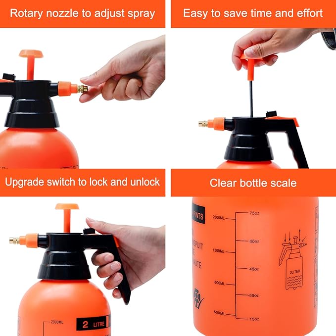 68oz Garden Pump Sprayer, 2L Hand Pressure Sprayer Bottle, 0.5 Gal Lawn Adjustable Sprayer for Plant Mister Spraying Weeds Home Cleaning Watering (Orange)