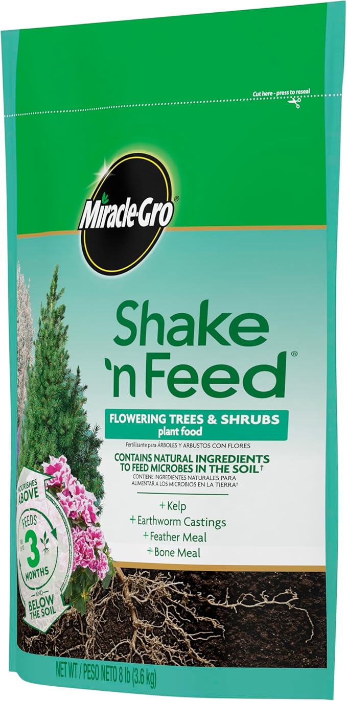 Miracle-Gro Shake 'N Feed Flowering Trees and Shrubs Plant Food, For In-Ground and Container Plants, Acid-Loving Flowering Plants, 8 lbs.