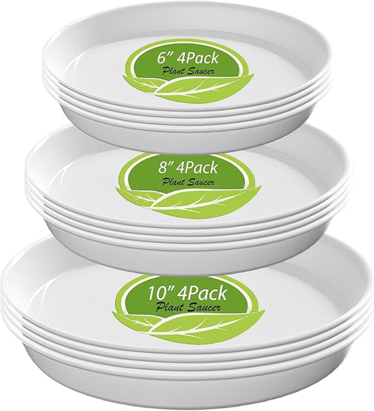 6 8 10 inch Plant Saucer, 12 Pcs Heavy Sturdy Plastic Planter Trays Pot Tray for Indoor Outdoor, Plant Water Plate Drip Trays for Pots, (White)