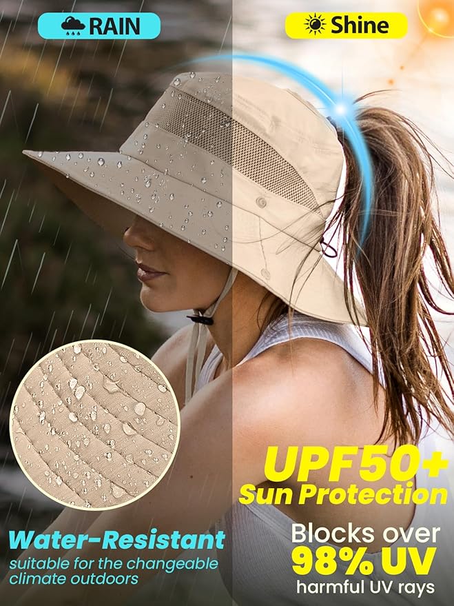 EW EastWater Beach Sun Bucket Hats for Women,UV Protection High Ponytail Hole UPF 50+ Waterproof for Hiking Safari Fishing