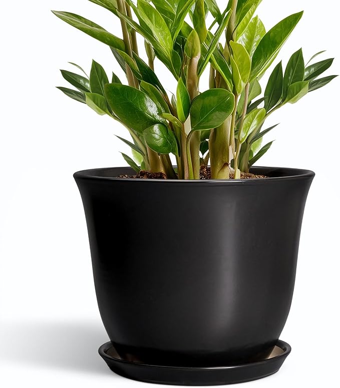 Ceramic Pots for Plants - 10 Inch Plant Pot with Drainage Hole and Tray, Large Round Planter for Indoor Outdoor, Morden Decorative Flower Pots, Living Room Decor, Gardening Gifts, Black