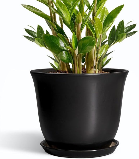 Ceramic Pots for Plants - 10 Inch Plant Pot with Drainage Hole and Tray, Large Round Planter for Indoor Outdoor, Morden Decorative Flower Pots, Living Room Decor, Gardening Gifts, Black
