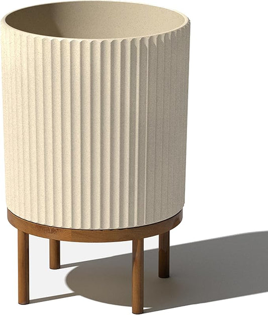 Veradek Demi Series Round Planter w/ Stand for Porch/Patio | Durable Plastic-Concrete & Wooden Stand | Modern Décor for Tall Plants, Flowers