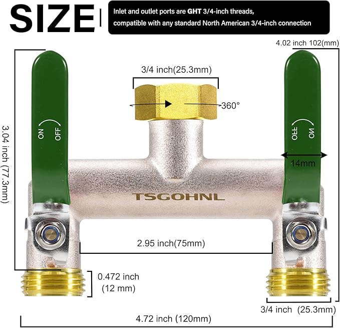 Garden Hose Splitter, 3/4” Rust and Freeze Resistant Outdoor Hose Manifold with 2 green Extra Long Handles Faucet Adapter-Heavy Duty Brass Nickel Plated 2-Way Valve