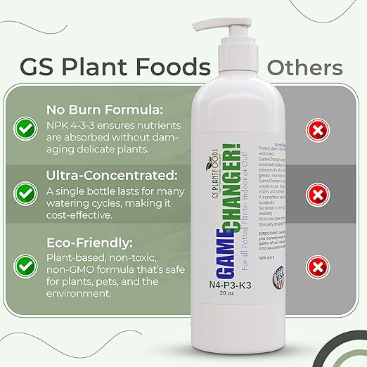 GS Plant Foods Game Changer All-Purpose Essentials - 100% Plant-Based Organic Fertilizer for Indoor or Outdoor Container Grown Plants, NPK 4-3-3, Liquid Formula for Houseplants, 20 Ounces