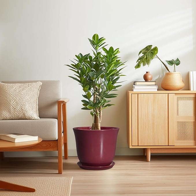 12 Inch Pots for Plants - Ceramic Planter for Indoor Outdoor, Round Plant Pot with Drainage Hole and Saucer, Large Planters, Modern Flower Pots, Home Room Office Decor, Gardening Gifts, Red