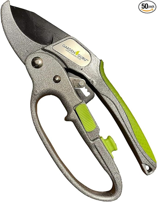 GARDEN GURU Professional Ratchet Pruning Shears Clippers – 4X Cutting Power – Ratcheting Garden Anvil Pruners Scissors - Makes Tough Cuts Easy - Great for Seniors & Arthritic Hands - 1 Case (50 Pcs)