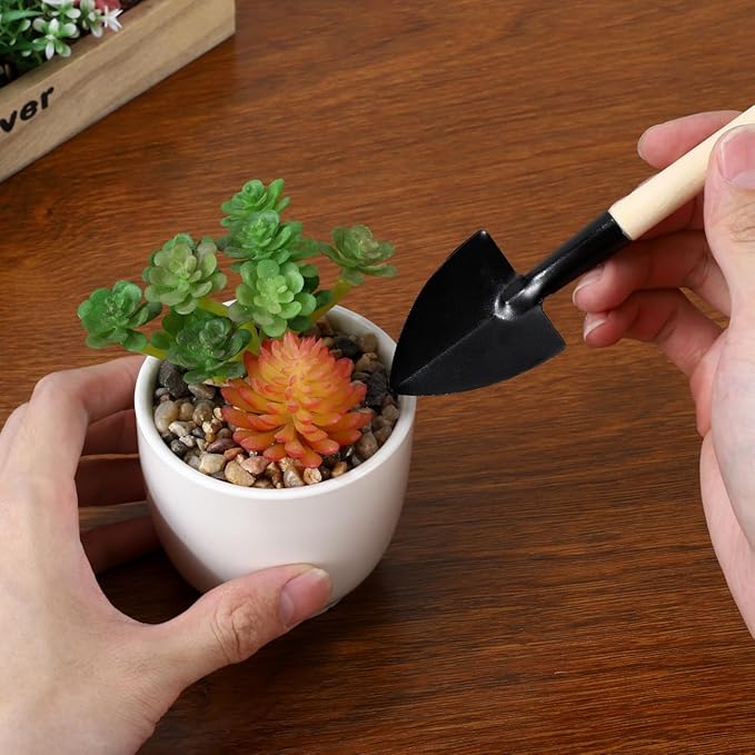 CLISPEED 6pcs Mini Gardening Tools: Hand Rake Trowel and Shovel with Wooden Handles for Bonsai Planting - Gardending Hand Tools Kit for Seedling Soil Caring Succulent