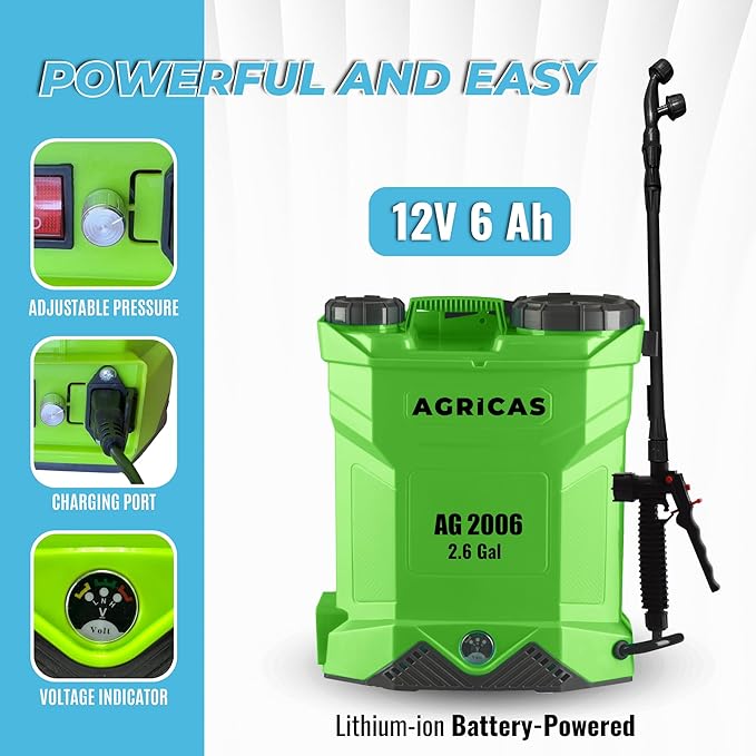 Battery Powered Backpack Sprayer 2.6 Gallon, 0-70 PSI Adjustable Pressure, Long-Lasting Lithium-Ion Battery&Charger, 7 Nozzles, Lawn and Garden Electric Sprayer for Weed/Pest Control Watering and more