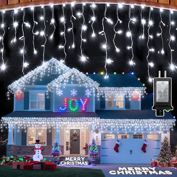 612 LED Christmas Lights with 136 Drops, 60ft 12 Modes Hanging ice String Lights with Timer & Dimmable & Waterproof, Plug-in Fairy Lights for Tree Holiday Wedding Party Christmas Decor Cool White