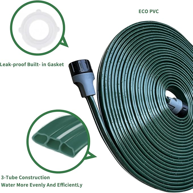Watoo 2025 Sprinkler Hose & Soaker Hose for Yard - 100 FT Reinforced Flat Garden Hose with Holes, Heavy Duty No-Kink Lawn Irrigation Hose (Includes Stakes, High Pressure Spray)