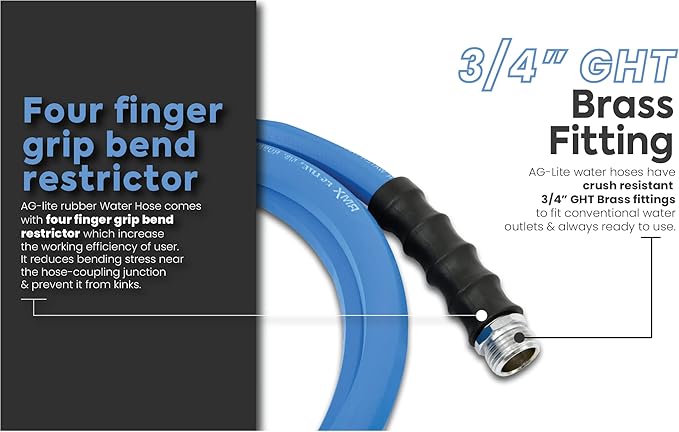 AG-LITE BSAL3406 3/4" x 06' Hot/Cold Water Rubber Garden Hose, 100% Rubber, Ultra-Light, Super Strong, 500 PSI, 50F to 190F Degrees, High Strength Polyester Braided