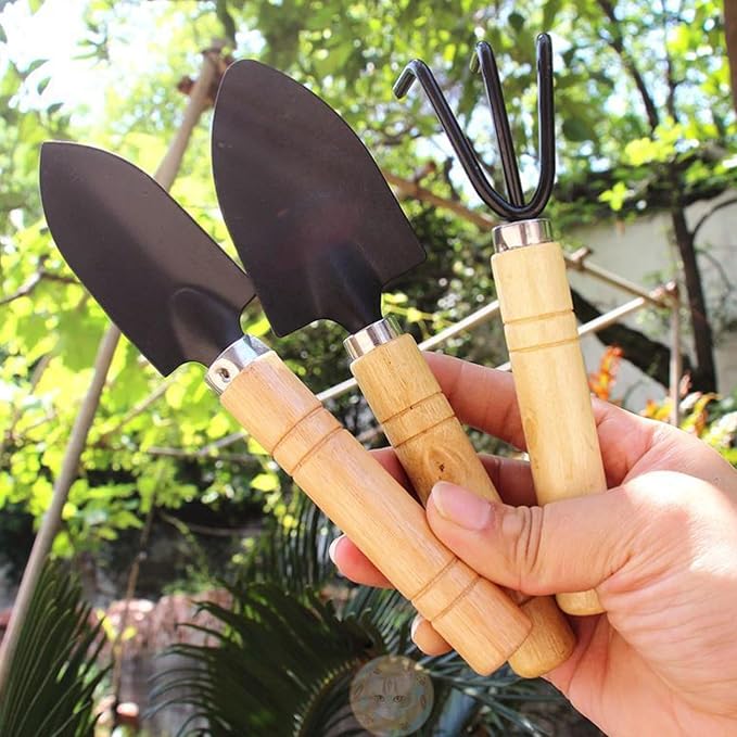 3 Pcs Mini Garden Tools Set Small Tiny Shovel Trowel and Hand Rake with Solid Wood Handle Indoor Gardening Tools for Pot Plants Succulent Bonsai