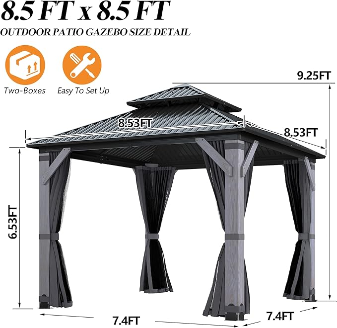 GARTOO 8.5' x 8.5' Outdoor Wood Gazebo - Permanent Wooden Hardtop Gazebo Pavilion with Double Curtains, Galvanized Steel Roof Cedar Wood Gazebos for Poolside, Garden, Lawn, Backyard Deck