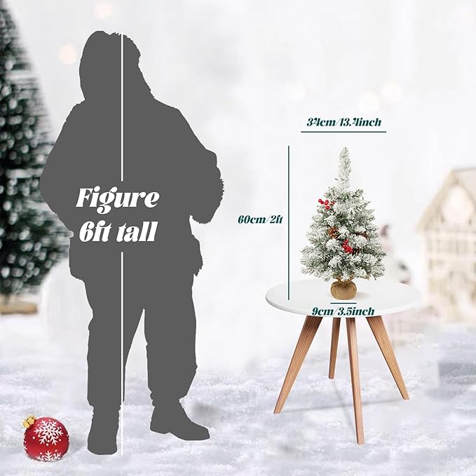 Uten Christmas Tree Flocking Snow Small Pine Cones/red Fruits, 50 LED Waterproof Battery Box with Cement Base Mini Christmas Tree Decorations for Home, Office, Party