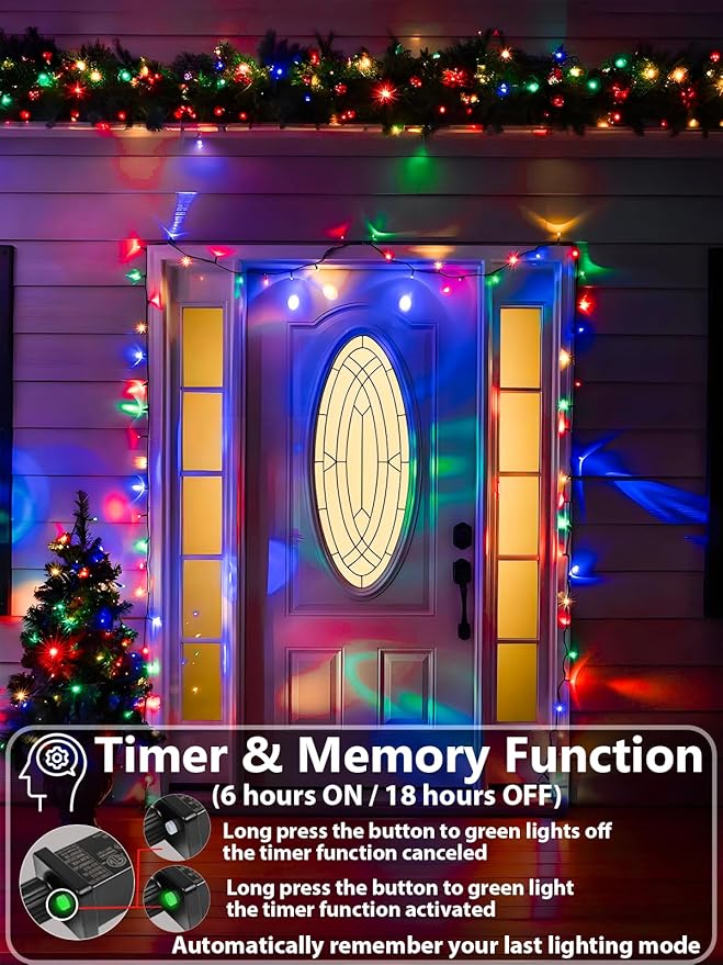 Upgraded 75.8 FT 200 LED Multicolored Christmas Lights Outdoor and Indoor, Extendable Green Wire, Memory Function & Timer & 8 Modes, Waterproof Super Bright Lights for Xmas Tree Holiday Party Garden