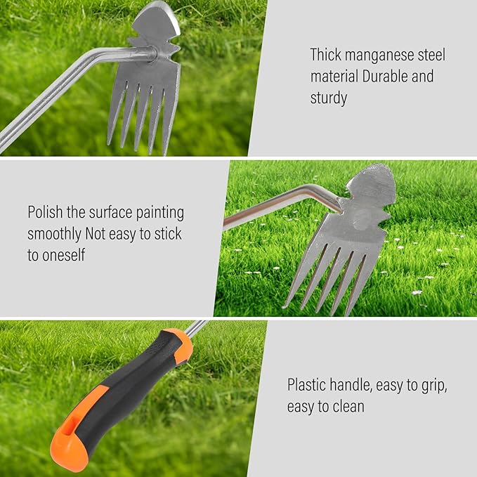 Weed Removal Tool, 2025 New Garden Weeding Tools Manganese Steel Hand Weeder Tool with Handle, 5 Teethes Dual Purpose Manual Weeders Tool Weed Pulling Tool for Garden (Rubber Handle)
