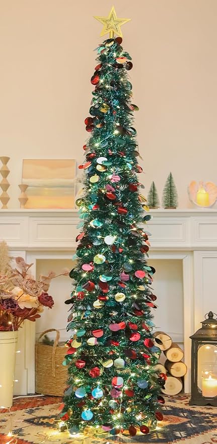 HMASYO 6 FT Pop Up Christmas Tree with 100 LED Lights & Remote, Green Christmas Tinsel Tree, Collapsible Artificial Pencil Tree for Home Office Party Decor, USB Powered Timer Lights, Easy Assembly