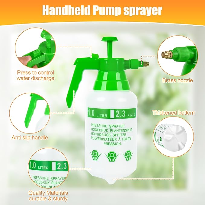 3 Pcs 1/4 Gallon Plastic Handheld Pump Sprayer – Garden Pressure Sprayer with Adjustable Nozzle for Plants, Cleaning, Household Tasks – Green