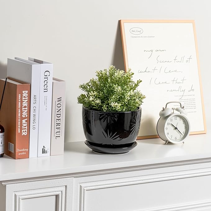 MyGift 7 Inch Glossy Black Ceramic Plant Pot with Drainage Hole and Attached Saucer, Modern Decorative Embossed Sunburst Planter Container for Indoor Home Garden