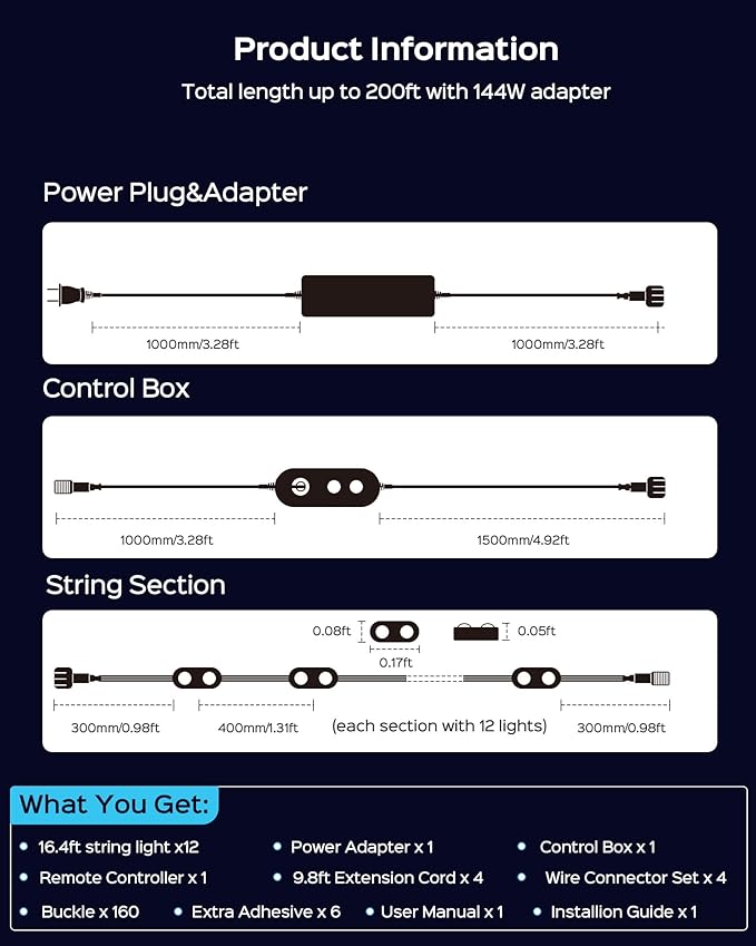 APPECK Permanent Outdoor Lights Pro 200ft, 144W RGBCW Eaves Lights with 144 LED Lights, 80lm, Cuttable, 111 Scene Modes, IP67 Waterproof Lighting for Halloween Decoration, Work with Alexa, Black