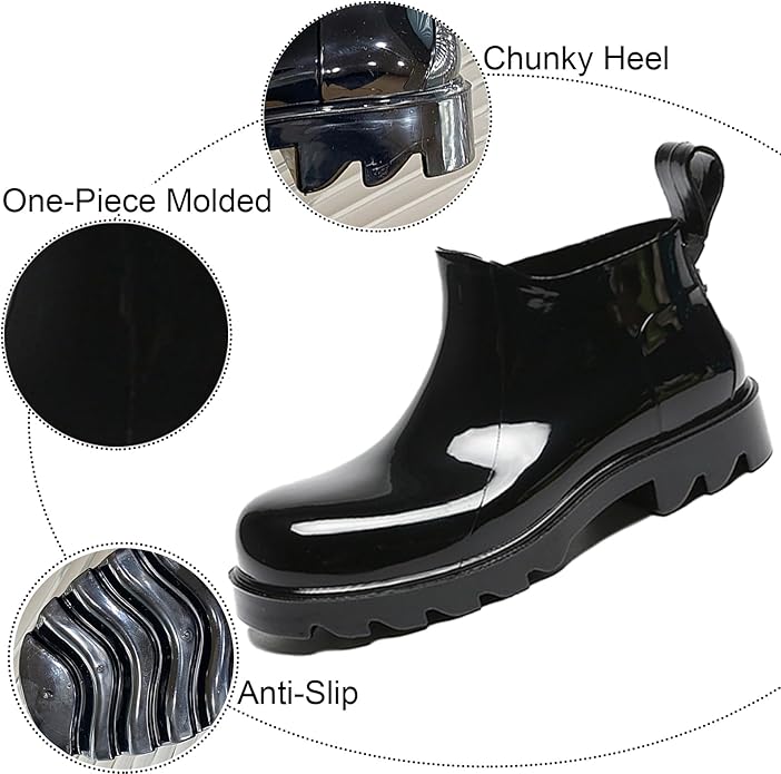 Women's PVC Lug Sole Ankle Rain Boots Comfort Round Toe Waterproof Low Chunky Platform Non-Slip Mid Top Garden Chelsea Short Galoshes for Outdoor Work