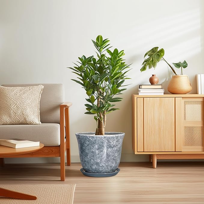 Ceramic Plant Pots - 12 Inch Plant Pot with Drainage Hole and Saucer, Round Planter for Indoor Outdoor, Modern Decorative Planters, Large Flower Pots, Home Decor, Housewarming Gifts, Grey