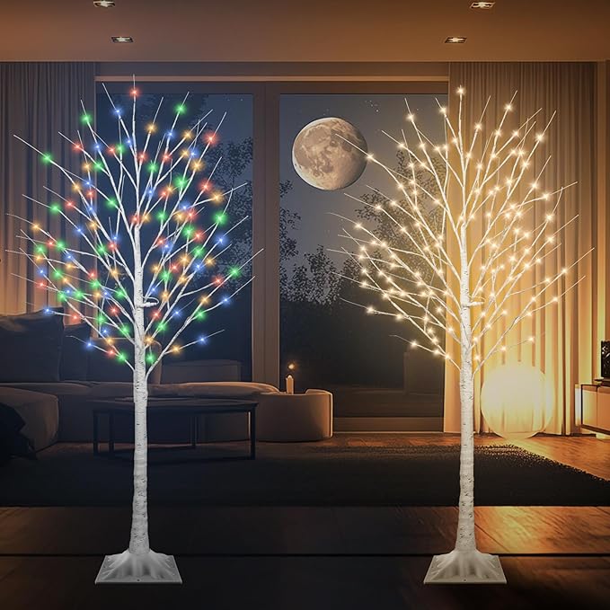 6FT Lighted Birch Tree with 130 LED Warm White and Multicolor Lights, 8 Modes, Timer Remote Faux Light Up Twig Christmas Tree for Indoor Outdoor Xmas Holiday Party Garden Decoration (2 Pack)