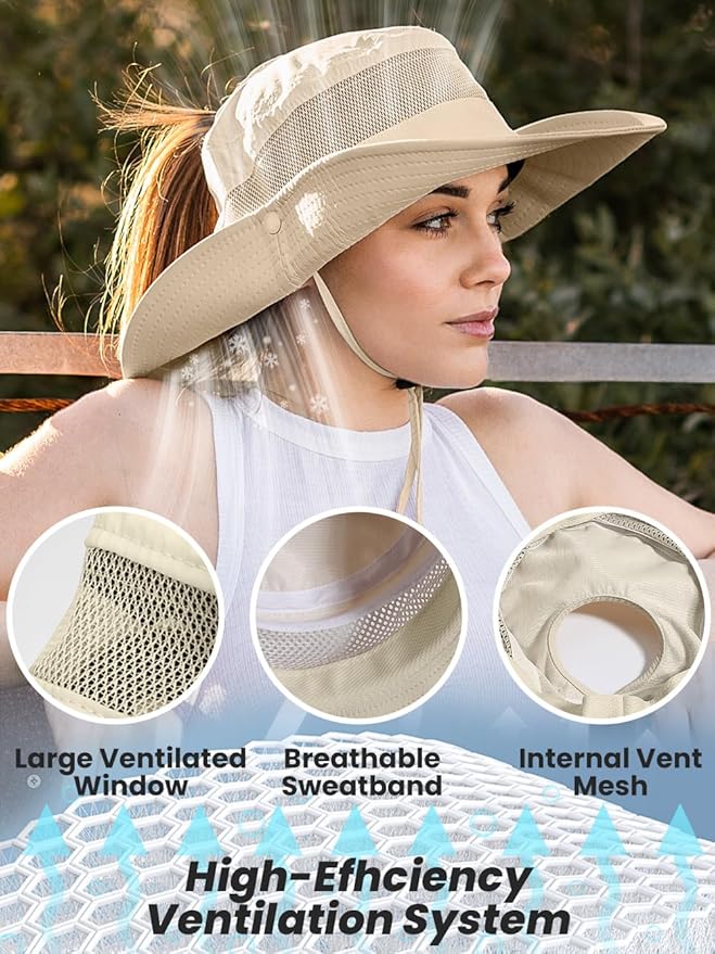 EW EastWater Beach Sun Bucket Hats for Women,UV Protection High Ponytail Hole UPF 50+ Waterproof for Hiking Safari Fishing
