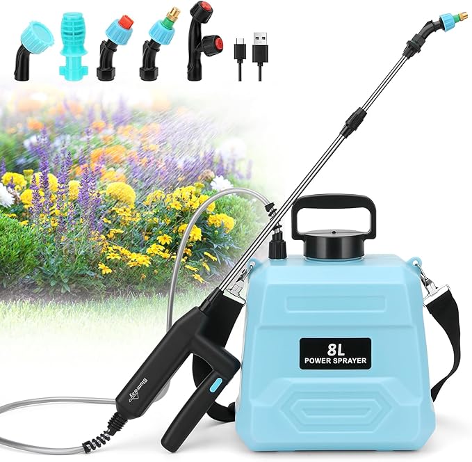 BlumWay Battery Powered Sprayer 2 Gallon, 7.4V Powerful Electric Sprayer with 5 Mist Nozzles,Rechargeable Handle, Retractable Wand, Adjustable Shoulder Strap for Lawn,Garden
