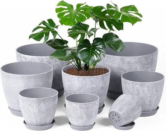 Set of 8 Plastic Planter, 10/9/8/7.5/6.5/5.7/5/4inch Plastic Planter, Flower Pot Indoor Decorative Large Plant Pot, Plant Pots Indoor with Drainage and Saucer for All House Plants (Set of 8)