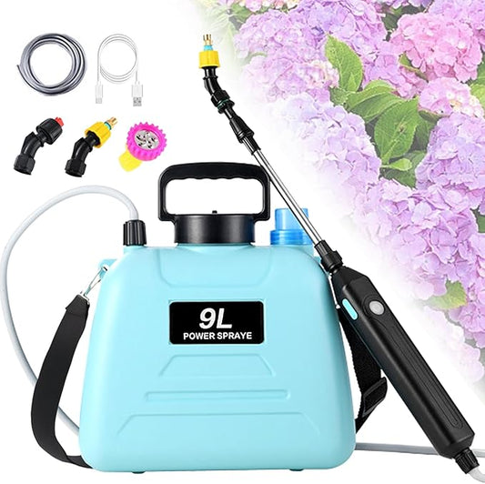 Battery Powered Sprayer 2.4 Gallon, 2025 Upgraded Electric Garden Sprayer, Automatic Power Weed Spray Battery Operated with Adjustable Shoulder Strap and Rechargeable Handle, 3 Mist Nozzles (Blue)