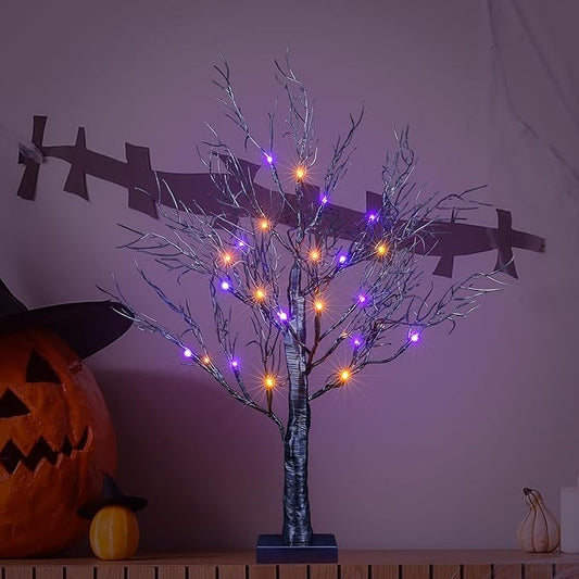 LIGHTSHARE 26IN Halloween Willow Bonsai 20LED Lights Artificial Black Spooky Tree for Home, Festival, Nativity, Party, and Christmas Decoration, Plug in or Battery (Orange+Purple)