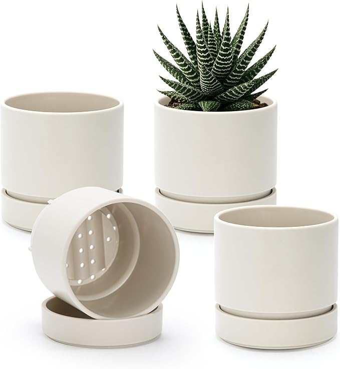 Phoenix Vine 4 Inch Planter Pot with Drainage Hole & Saucer, Deep Water Catch Tray, Straight Cylindrical Round Pot for Plants, Oatmeal, Pack of 4, 23-E-R-4