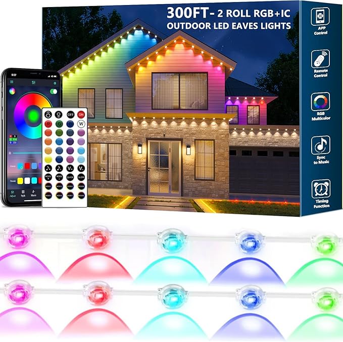 Permanent Outdoor Lights,300ft RGB + IC Smart LED Eaves Lights with App & Remote Control, IP67 Waterproof,for Christmas and All Holiday Decor,Daily and Accent Lighting,House Roof and Garden Lighting