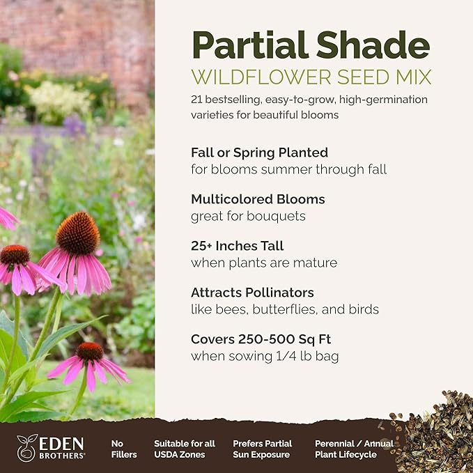 Eden Brothers Partial Shade Wildflower Mixed Seeds for Planting, 1/4 lb, 120,000+ Seeds with Sweet William, Foxglove | Attracts Pollinators, Plant in Spring or Fall, Zones 3, 4, 5, 6, 7, 8, 9, 10