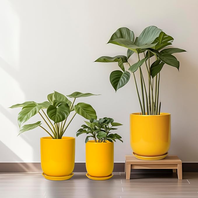 12 Inch Pots for Plants - Ceramic Planter for Outdoor Plants Large Plant Pot Indoor with Drainage Hole Modern Flower Pot for Home Patio Office Decor Yellow